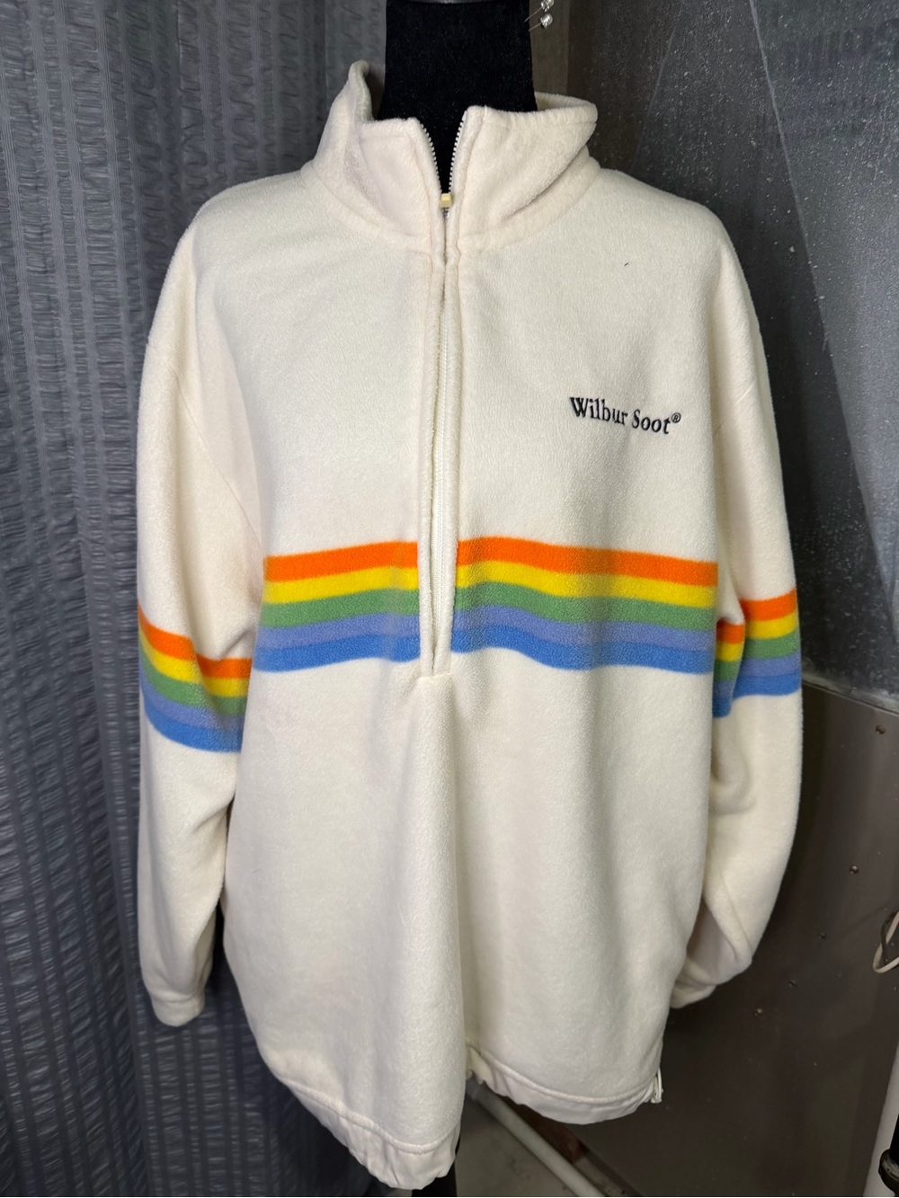 Wilbur Soot Oversized Cream Half-Zip Fleece with Rainbow Stripes
